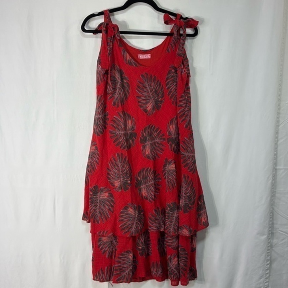 🥒 red and gray Italian made cotton two-tier tie shoulder sundress